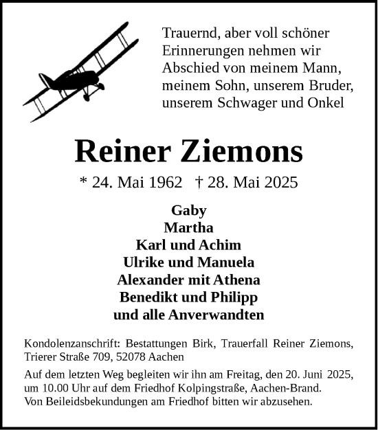 Traueranzeige von Reiner Ziemons von Zeitung am Sonntag