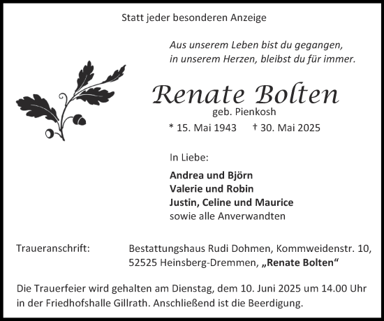 Traueranzeige von Renate Bolten von Zeitung am Sonntag