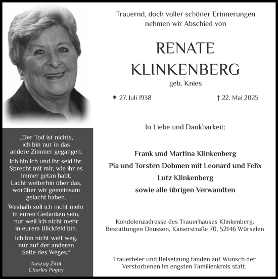 Traueranzeige von Renate Klinkenberg von Zeitung am Sonntag