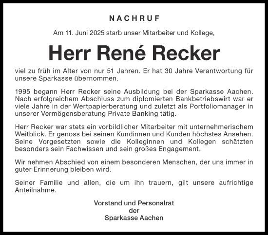 Traueranzeige von René Recker von Aachener Zeitung