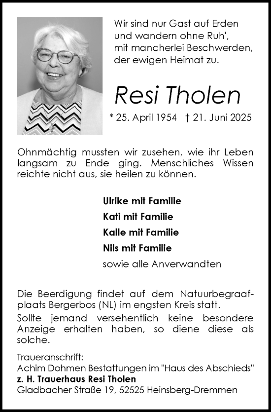 Traueranzeige von Resi Tholen von Zeitung am Sonntag
