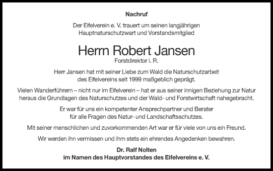 Traueranzeige von Robert Jansen von Zeitung am Sonntag