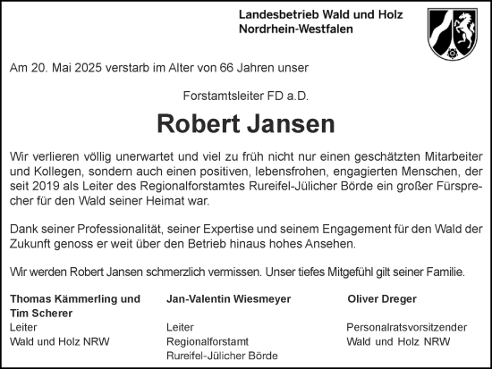 Traueranzeige von Robert Jansen von Zeitung am Sonntag