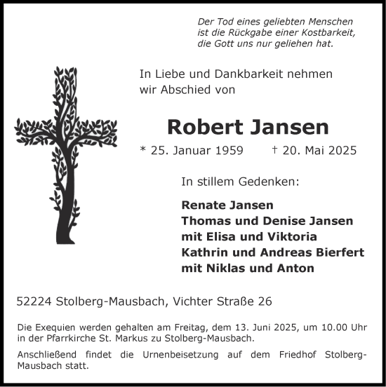 Traueranzeige von Robert Jansen von Zeitung am Sonntag
