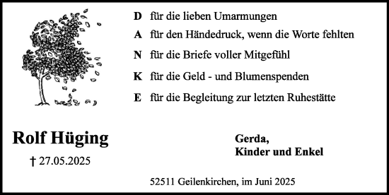 Traueranzeige von Rolf Hüging von Zeitung am Sonntag