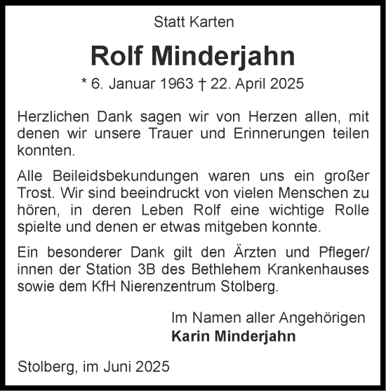 Traueranzeige von Rolf Minderjahn von Zeitung am Sonntag