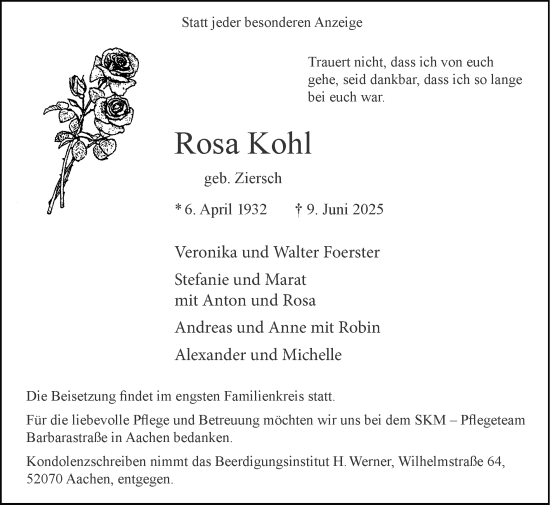 Traueranzeige von Rosa Kohl von Zeitung am Sonntag