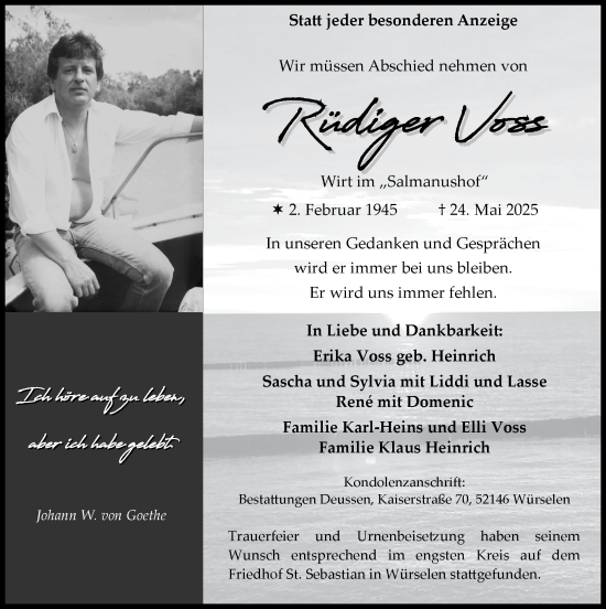 Traueranzeige von Rüdiger Voss von Zeitung am Sonntag