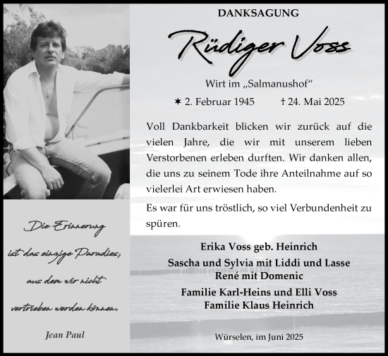 Traueranzeige von Rüdiger Voss von Zeitung am Sonntag