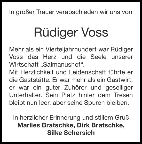 Traueranzeige von Rüdiger Voss von Zeitung am Sonntag