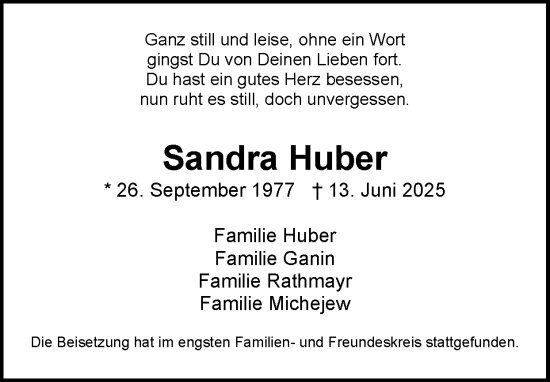 Traueranzeige von Sandra Huber von Zeitung am Sonntag