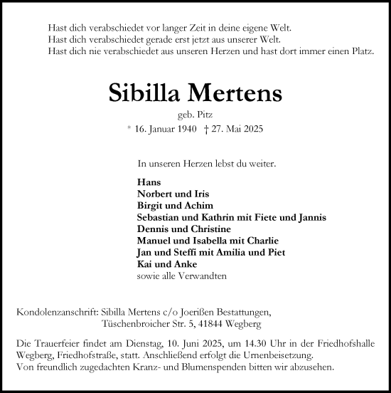 Traueranzeige von Sibilla Mertens von Zeitung am Sonntag