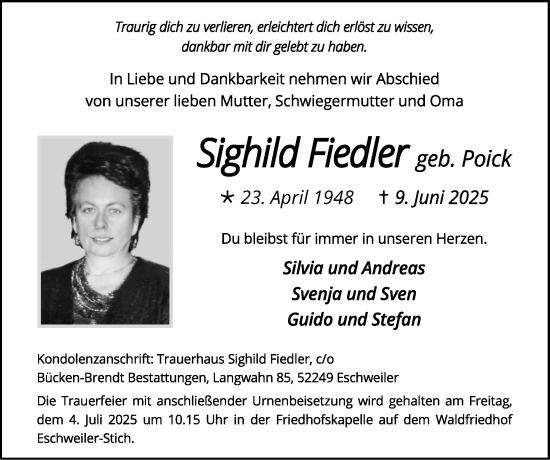 Traueranzeige von Sighild Fiedler von Zeitung am Sonntag