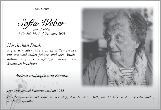 Traueranzeige von Sofia Weber von Zeitung am Sonntag