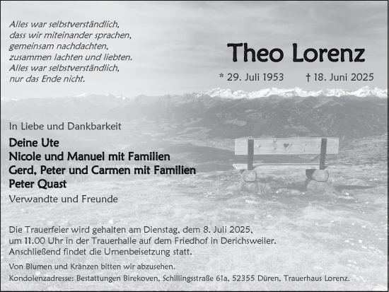 Traueranzeige von Theo Lorenz von Zeitung am Sonntag