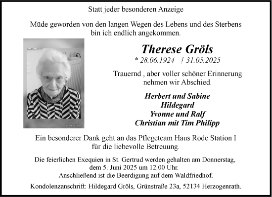Traueranzeige von Therese Gröls von Aachener Zeitung