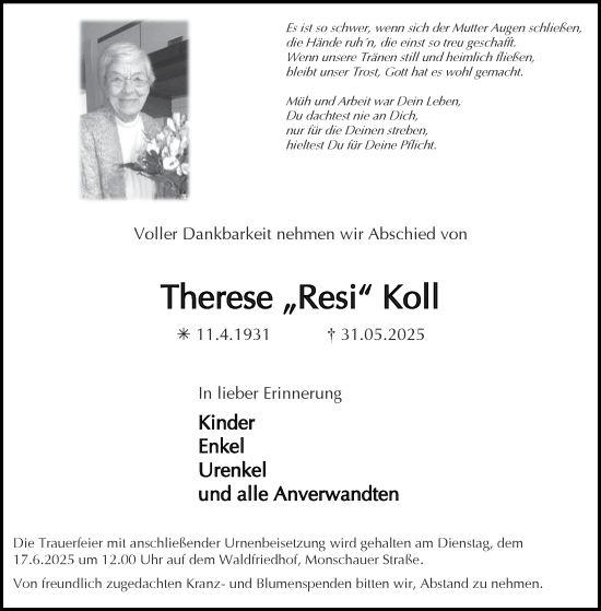 Traueranzeige von Therese Koll von Aachener Zeitung