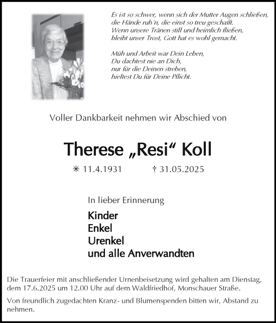 Traueranzeige von Therese Koll von Zeitung am Sonntag