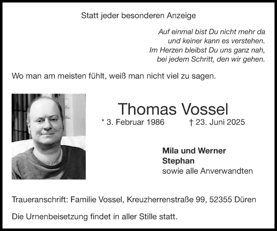 Traueranzeige von Thomas Vossel von Zeitung am Sonntag