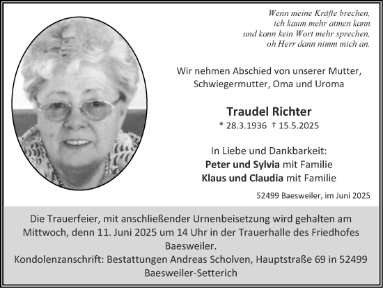 Traueranzeige von Traudel Richter von Zeitung am Sonntag