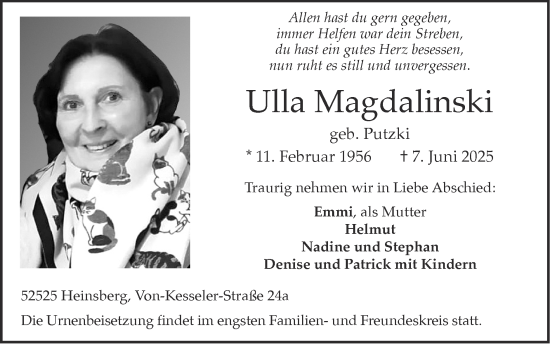Traueranzeige von Ulla Magdalinski von Zeitung am Sonntag