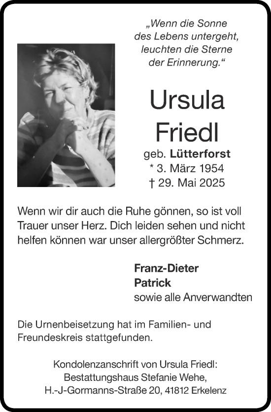 Traueranzeige von Ursula Friedl von Zeitung am Sonntag