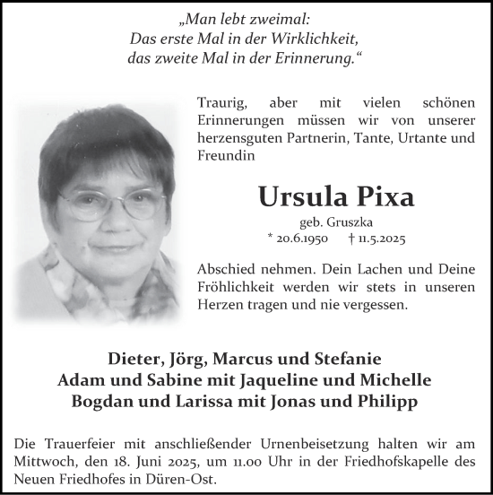 Traueranzeige von Ursula Pixa von Zeitung am Sonntag