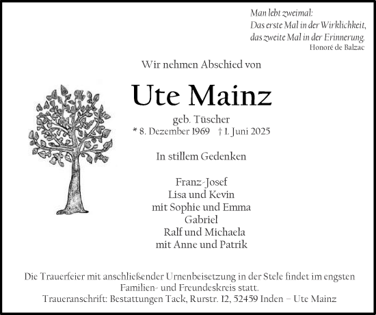 Traueranzeige von Ute Mainz von Zeitung am Sonntag