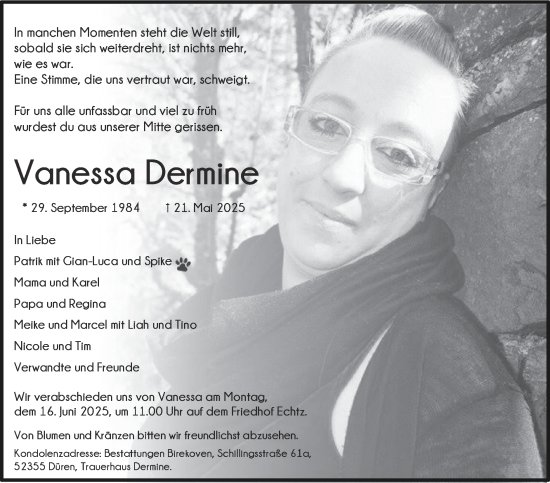 Traueranzeige von Vanessa Dermine von Zeitung am Sonntag