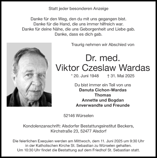 Traueranzeige von Viktor Czeslaw Wardas von Zeitung am Sonntag