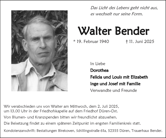 Traueranzeige von Walter Bender von Zeitung am Sonntag