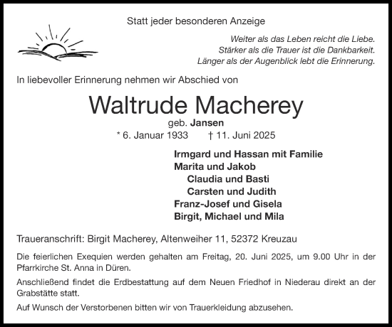 Traueranzeige von Waltrude Macherey von Zeitung am Sonntag