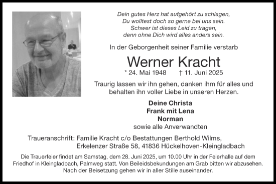 Traueranzeige von Werner Kracht von Zeitung am Sonntag