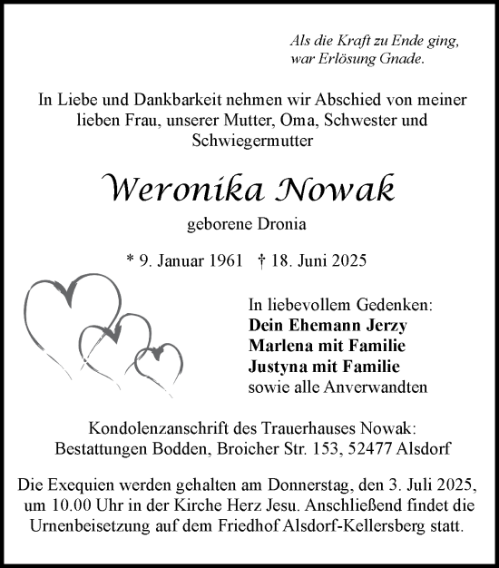 Traueranzeige von Weronika Nowak von Zeitung am Sonntag
