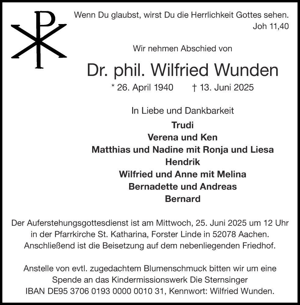  Traueranzeige für Wilfried Wunden vom 21.06.2025 aus Aachener Zeitung