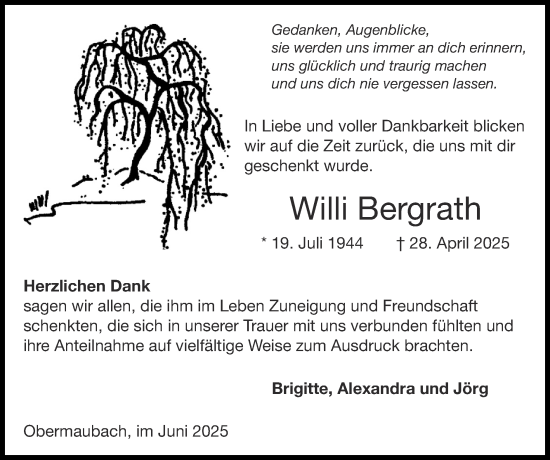 Traueranzeige von Willi Bergrath von Zeitung am Sonntag