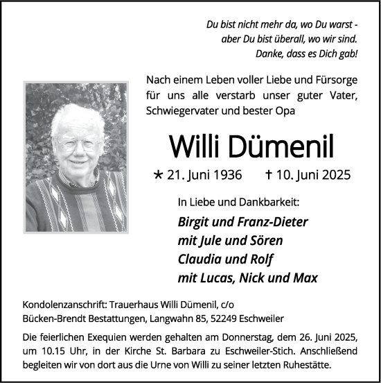 Traueranzeige von Willi Dümenil von Zeitung am Sonntag