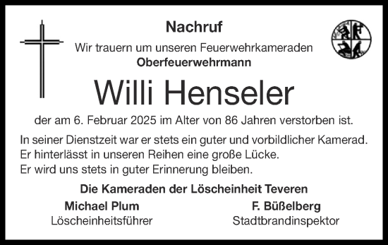 Traueranzeige von Willi Henseler von Zeitung am Sonntag