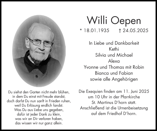 Traueranzeige von Willi Oepen von Zeitung am Sonntag