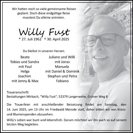 Traueranzeige von Willy Fust von Zeitung am Sonntag