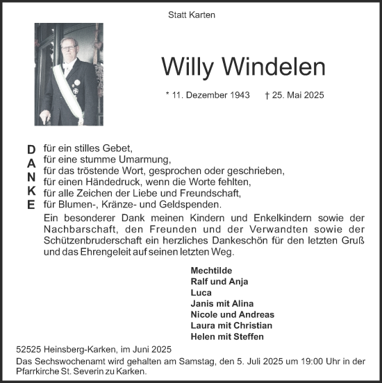 Traueranzeige von Willy Windelen von Zeitung am Sonntag