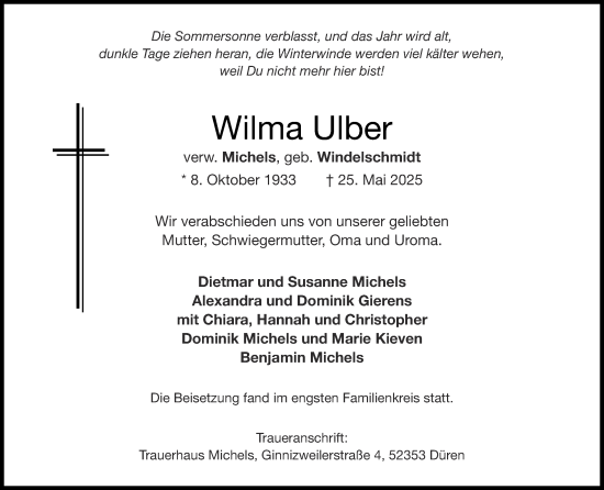 Traueranzeige von Wilma Ulber von Zeitung am Sonntag