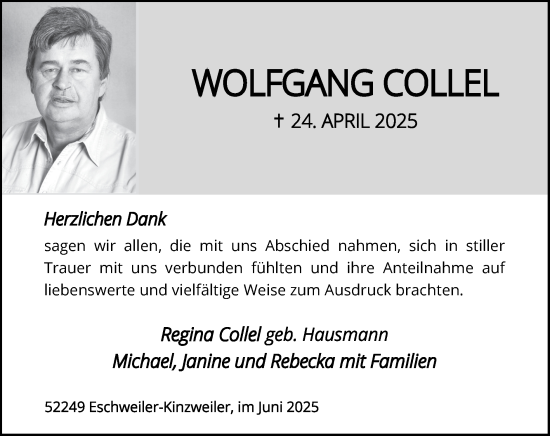 Traueranzeige von Wolfgang Collel von Zeitung am Sonntag