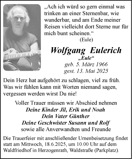 Traueranzeige von Wolfgang Eulerich von Zeitung am Sonntag