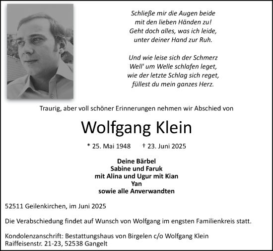 Traueranzeige von Wolfgang Klein von Zeitung am Sonntag