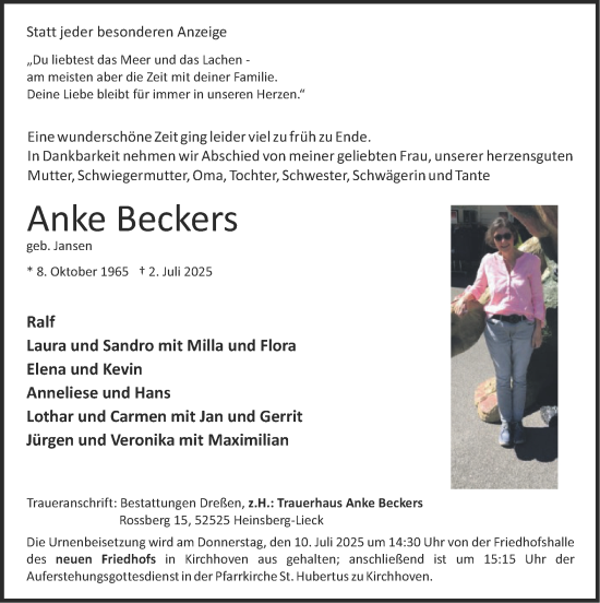Traueranzeige von Anke Beckers von Zeitung am Sonntag