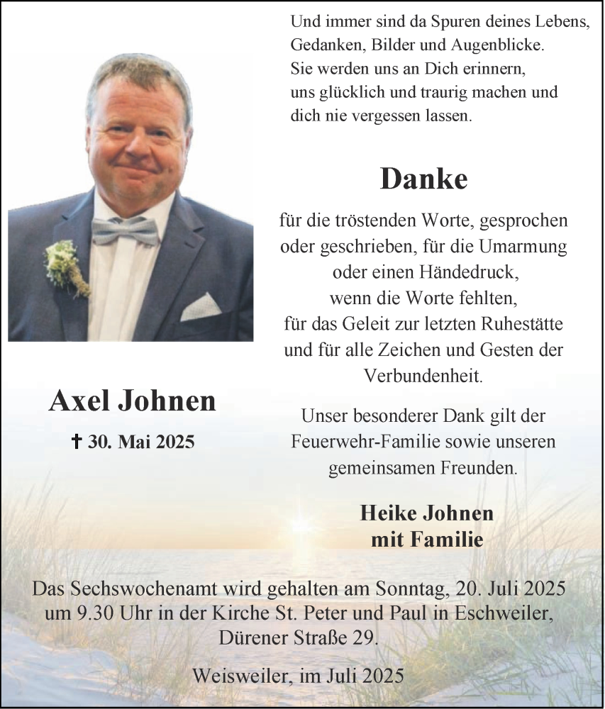  Traueranzeige für Axel Johnen vom 13.07.2025 aus Zeitung am Sonntag