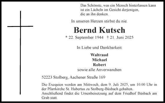 Traueranzeige von Bernd Kutsch von Zeitung am Sonntag