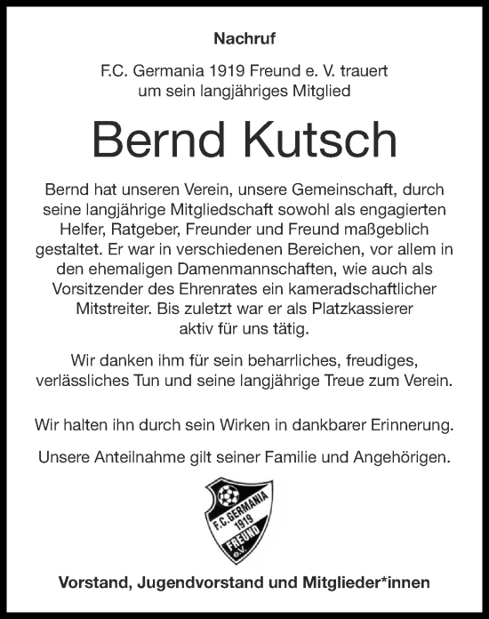 Traueranzeige von Bernd Kutsch von Zeitung am Sonntag