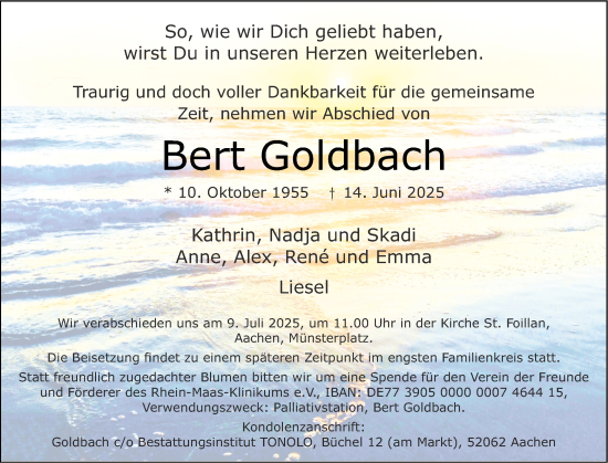 Traueranzeige von Bert Goldbach von Aachener Zeitung